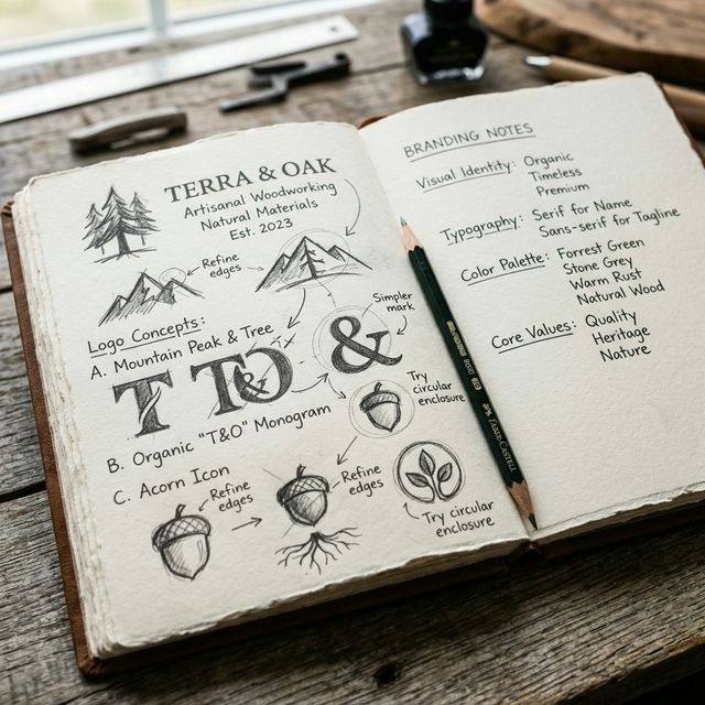 Détail de bureau créatif avec nuanciers et croquis de logo