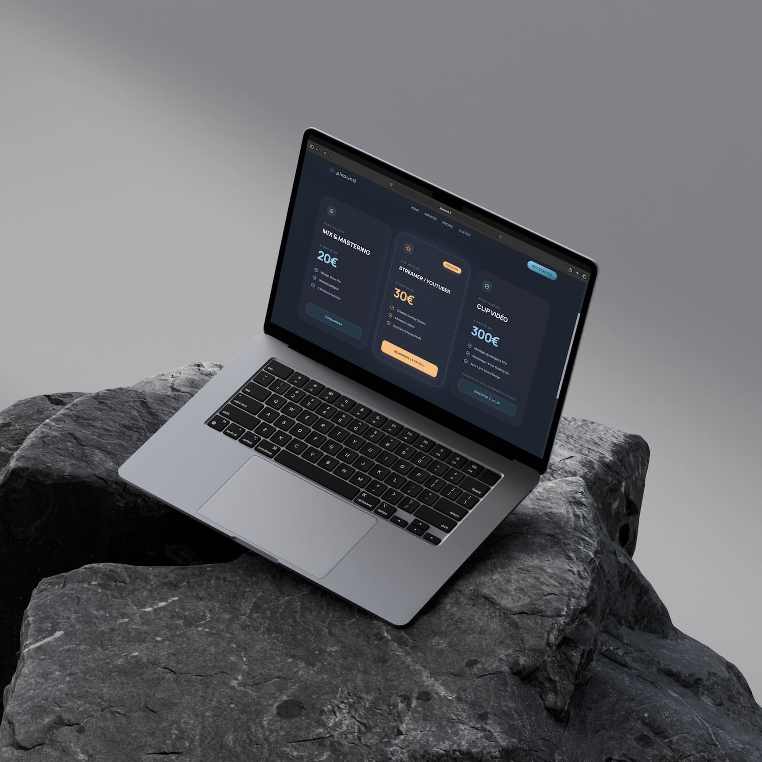 Maquette de conception UI/UX pour le projet web Pixound, réalisée en collaboration avec PA Design.