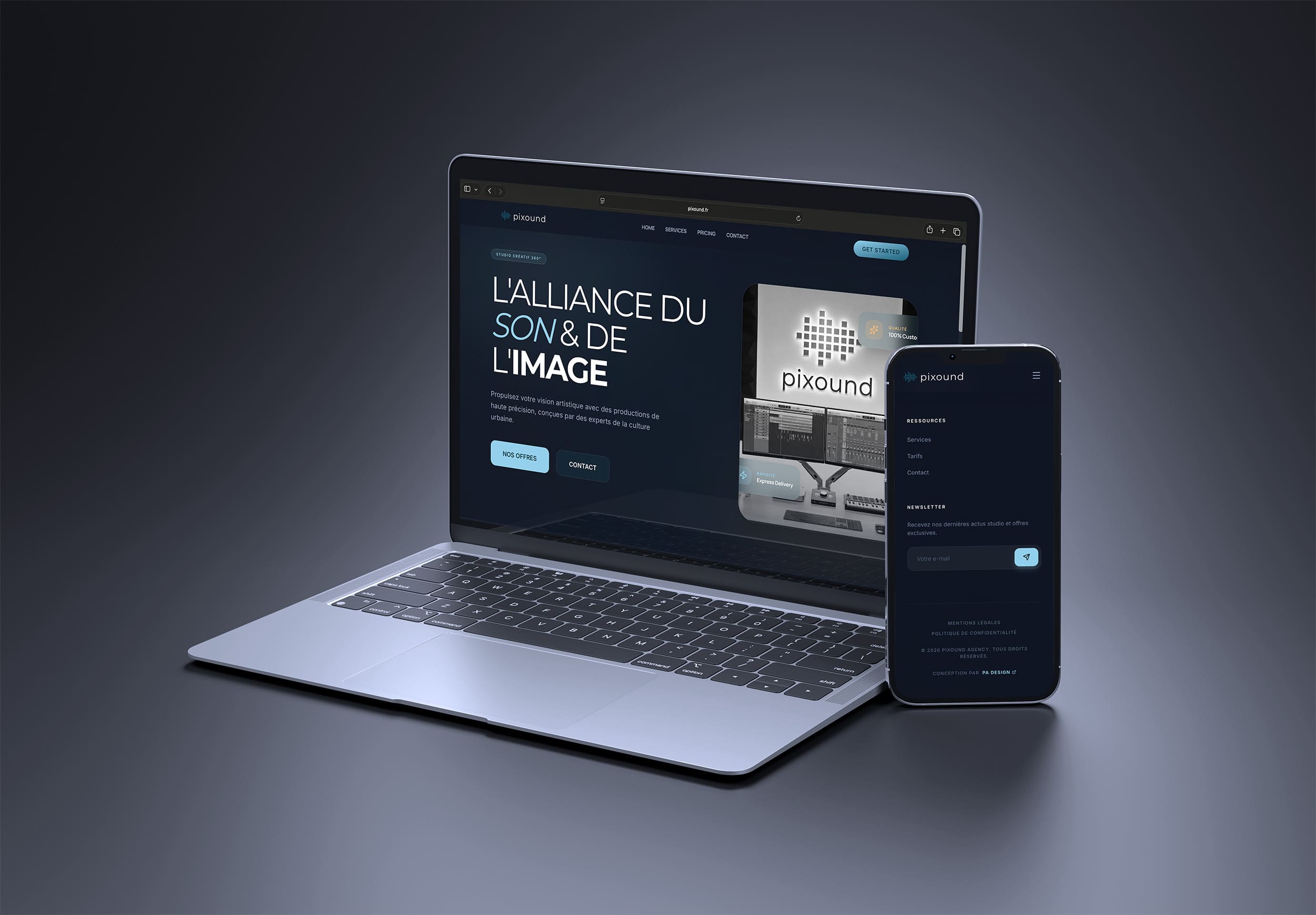 Site web Pixound sur écran MacBook et smartphone, montrant l'alliance du son et de l'image via un web design premium.