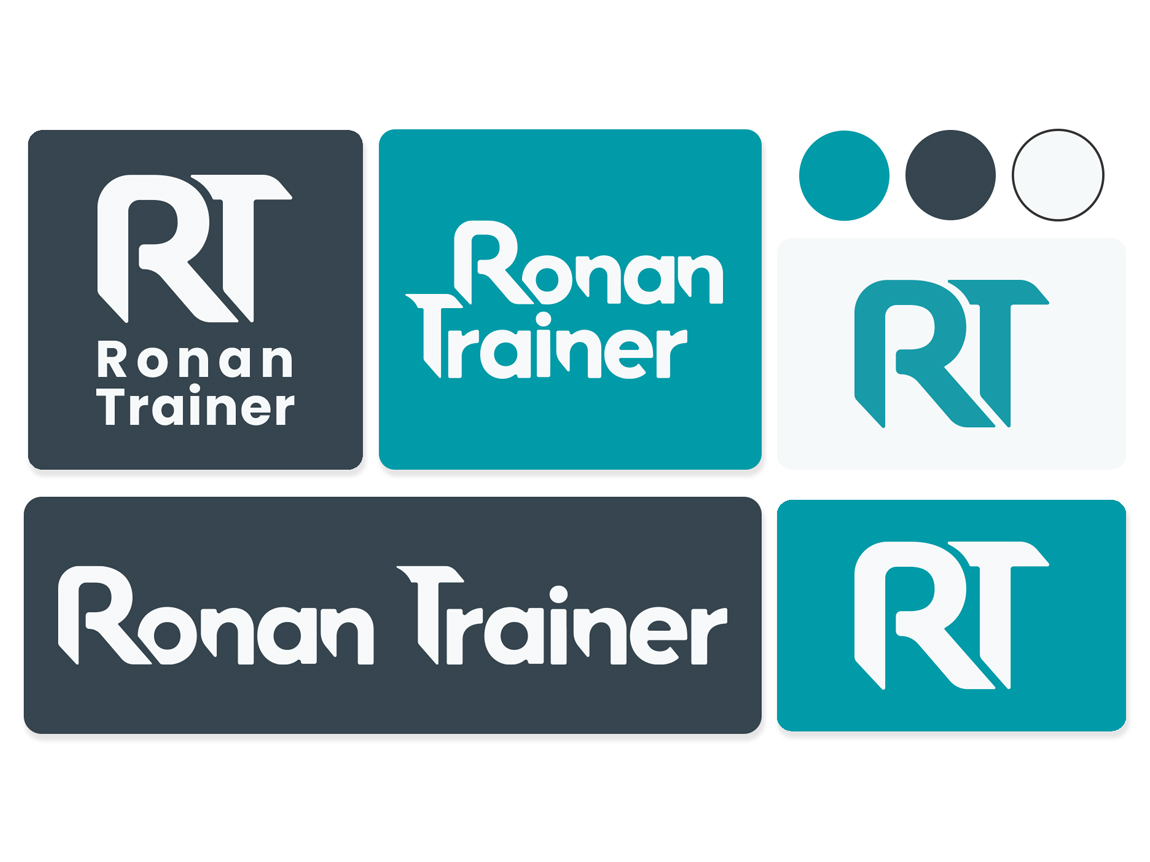 Image représentant les différentes déclinaisons du logo de Ronan Trainer ainsi que la palette de couleur choisie.