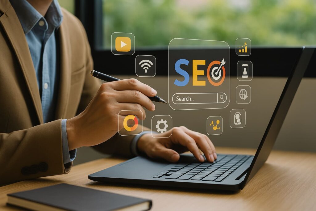 Professionnel travaillant sur un ordinateur portable avec des icônes holographiques de SEO, illustrant une optimisation pour le SEO et le référencement d'une page web.