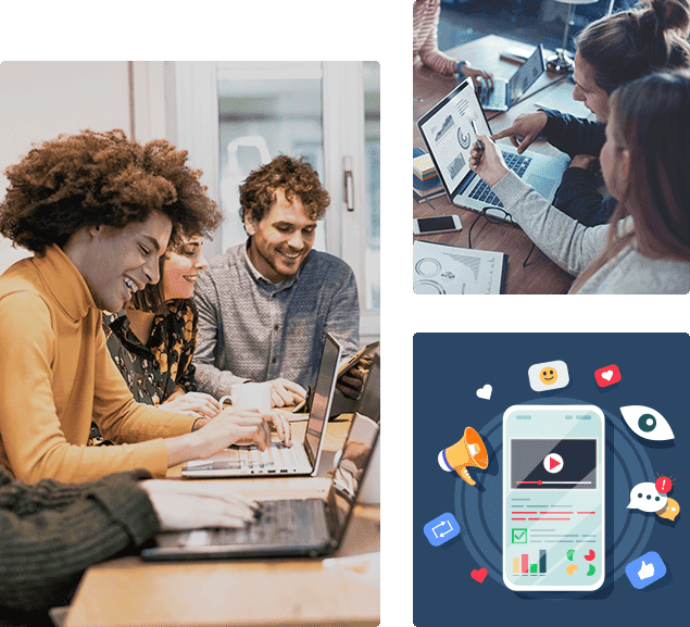 Équipe collaborant sur des ordinateurs et analysant des données, avec une illustration de communication digitale, pour une stratégie de communication sur mesure.