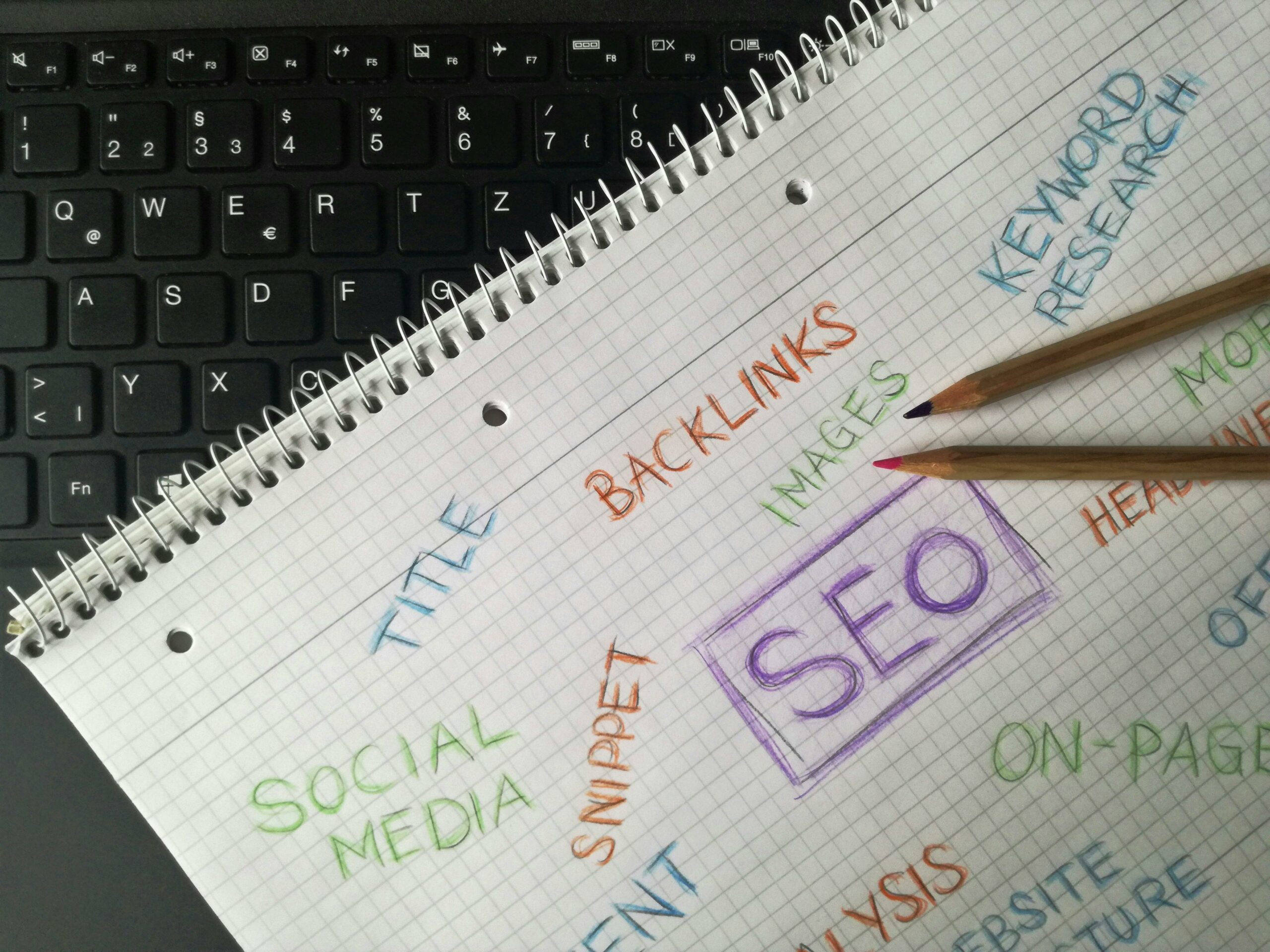 Carnet à spirales sur un clavier d’ordinateur, avec des mots-clés comme 'backlinks', 'keyword research' et 'SEO' écrits à la main, illustrant une stratégie pour le SEO et le référencement.